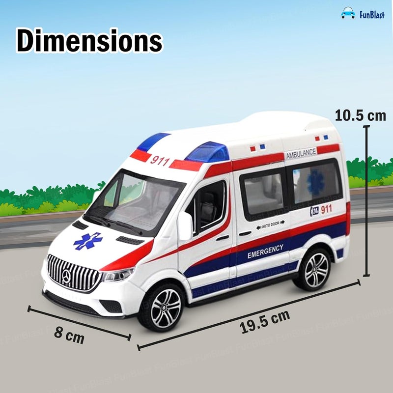 FunBlast لعبة سيارة إسعاف للأطفال – نموذج معدني مصغر بمقياس 1:24 مع ضوء وصوت، لعبة سيارة طوارئ تعمل بالطاقة الاحتكاكية للأطفال (متعددة الألوان) - Image 3