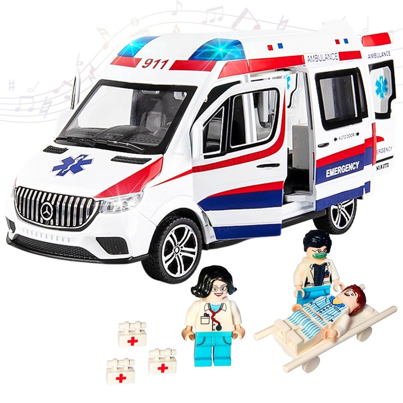 FunBlast لعبة سيارة إسعاف للأطفال – نموذج معدني مصغر بمقياس 1:24 مع ضوء وصوت، لعبة سيارة طوارئ تعمل بالطاقة الاحتكاكية للأطفال (متعددة الألوان) - Image 1