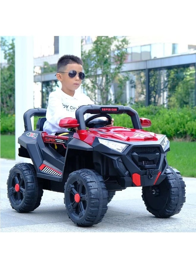 السرعوف الذهبية سيارة كهربائية للأطفال من GOLD MANTIS طراز جيب 4 × 4 تعمل ببطارية 12 فولت مع جهاز تحكم عن بعد وأضواء LED وموسيقى وعجلات كبيرة وحزام أمان - سيارة لعبة سيارات الدفع الرباعي للطرق الوعرة للأولاد والبنات (أحمر) - Image 2