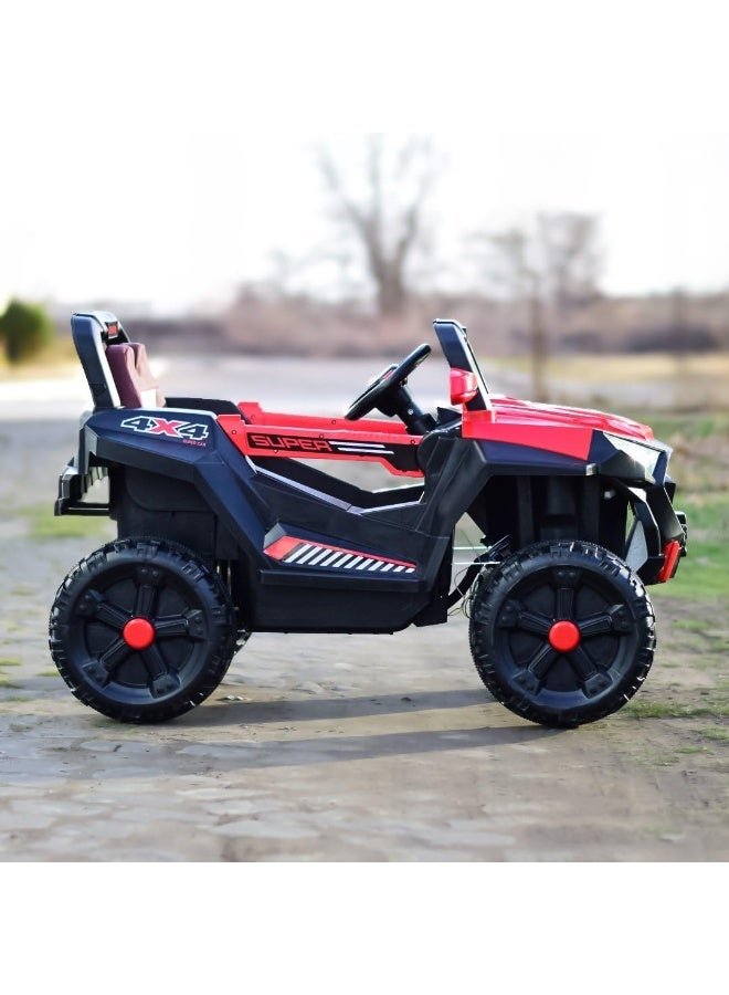 السرعوف الذهبية سيارة كهربائية للأطفال من GOLD MANTIS طراز جيب 4 × 4 تعمل ببطارية 12 فولت مع جهاز تحكم عن بعد وأضواء LED وموسيقى وعجلات كبيرة وحزام أمان - سيارة لعبة سيارات الدفع الرباعي للطرق الوعرة للأولاد والبنات (أحمر) - Image 4