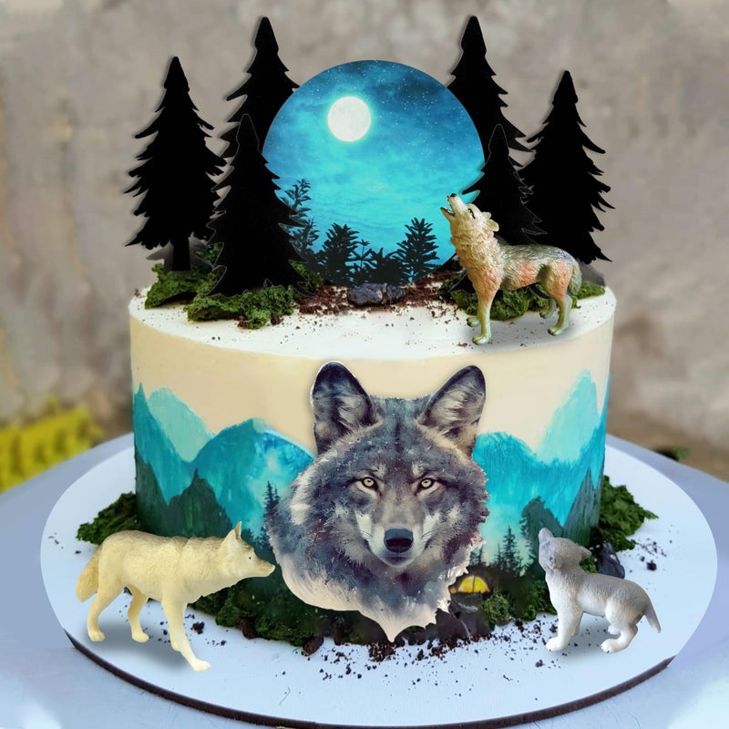 SKYCOOOOL 13 PCS Wolf Cake Topper Full Moon Cake Decor with Animal Figurine Wolf Themed Wedding Birthday Cake Decorations Gray - Image 2