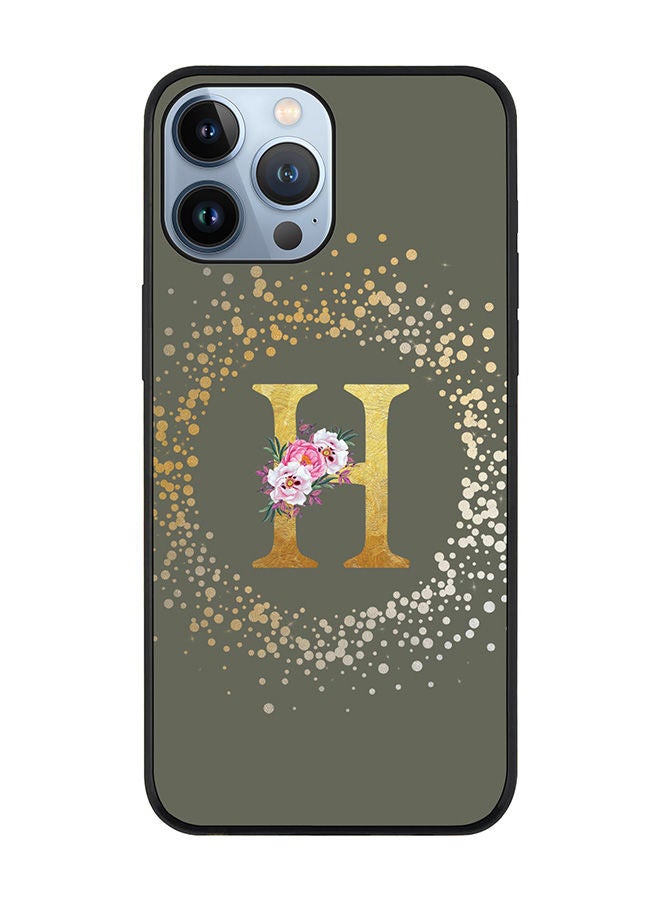 Stylizedd Rugged Black edge case for Apple iPhone 13 Pro Max Slim fit Soft Case Flexible Rubber Edges TPU Gel Thin Cover - Custom Monogram Initial Letter Floral Pattern Alphabet - H (Olive Green) - Image 1