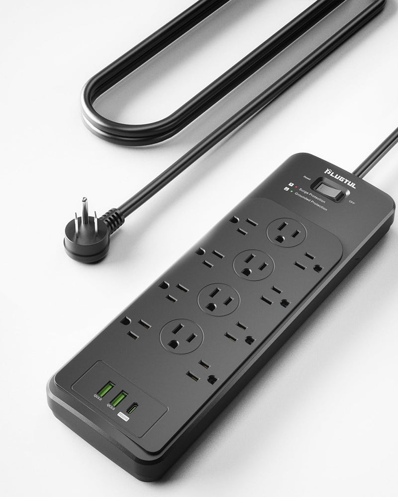 PLUGTUL Surge Protector Power Strip 5FT(4080J), Black Surge Protector with 12 Outlets - Spacious Design for Large Plugs, Flat Plug, 20W USB C Charging for Home, Office, ETL Listed - Image 1