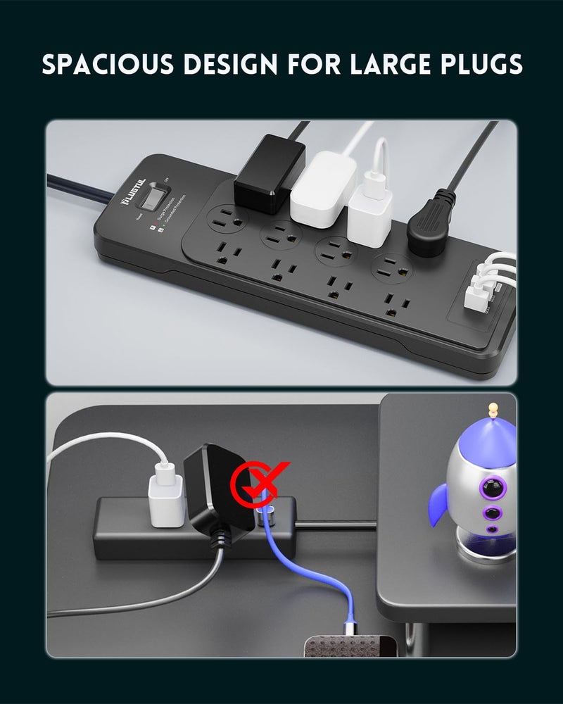 PLUGTUL Surge Protector Power Strip 5FT(4080J), Black Surge Protector with 12 Outlets - Spacious Design for Large Plugs, Flat Plug, 20W USB C Charging for Home, Office, ETL Listed - Image 5