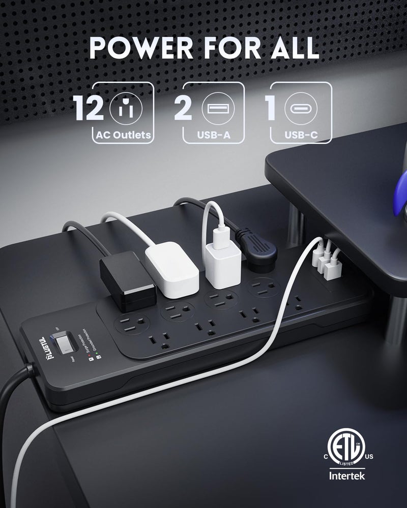 PLUGTUL Surge Protector Power Strip 5FT(4080J), Black Surge Protector with 12 Outlets - Spacious Design for Large Plugs, Flat Plug, 20W USB C Charging for Home, Office, ETL Listed - Image 2