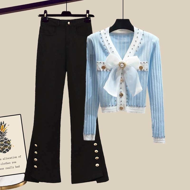 Chubby Sister Chanel Style Fashionable Slimming Suit Autumn 2023 New Arrival Bow Sweater Casual Pants Two-Piece Set - Image 2