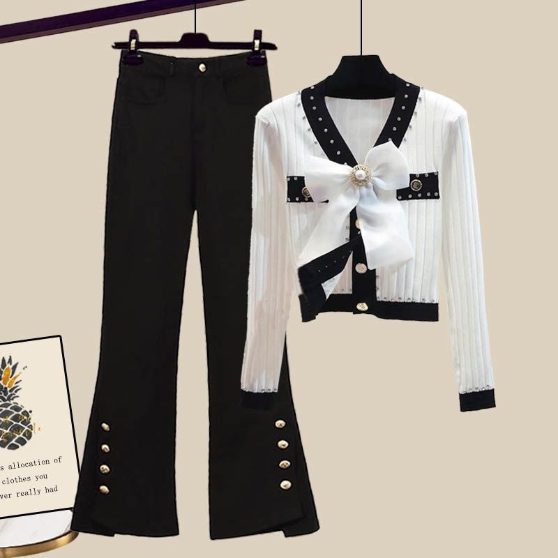 Chubby Sister Chanel Style Fashionable Slimming Suit Autumn 2023 New Arrival Bow Sweater Casual Pants Two-Piece Set - Image 4