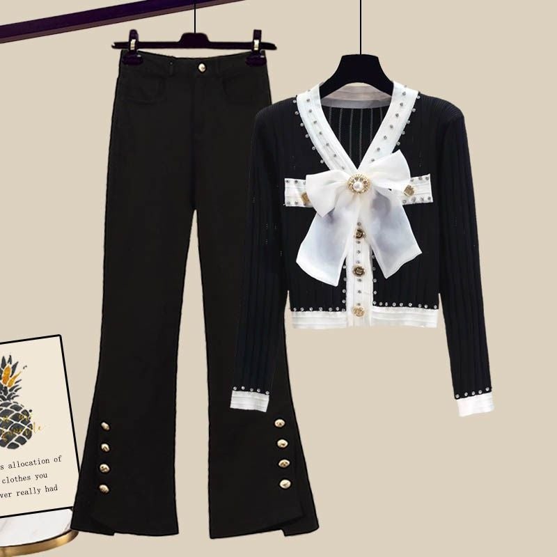 Chubby Sister Chanel Style Fashionable Slimming Suit Autumn 2023 New Arrival Bow Sweater Casual Pants Two-Piece Set - Image 3