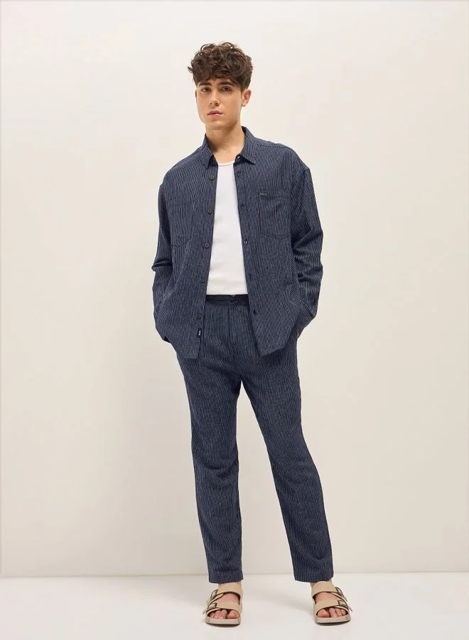 THE BEAR HOUSE Men's Navy Striped Slim Fit Casual Trousers with Elasticated Waistband Versatile Office and Travel Pants Comfortable Fit for Everyday Use Easy to Style Bottomwear for Work Weekend and Outings