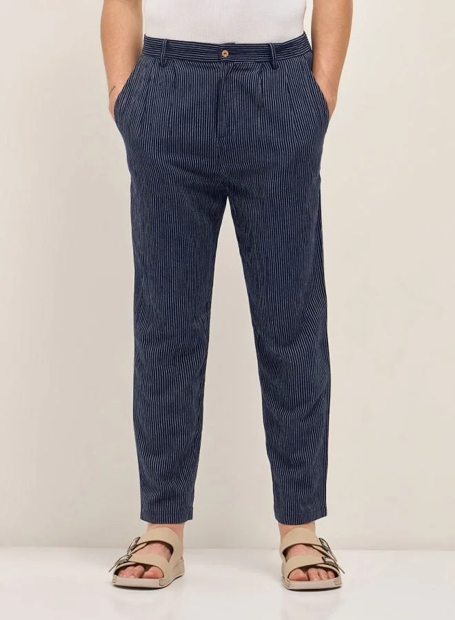 The Bear House  Men's Navy Striped Slim Fit Casual Trousers with Elasticated Waistband Versatile Office and Travel Pants Comfortable Fit for Everyday Use Easy to Style Bottomwear for Work Weekend and Outings for Men | Best Price UAE