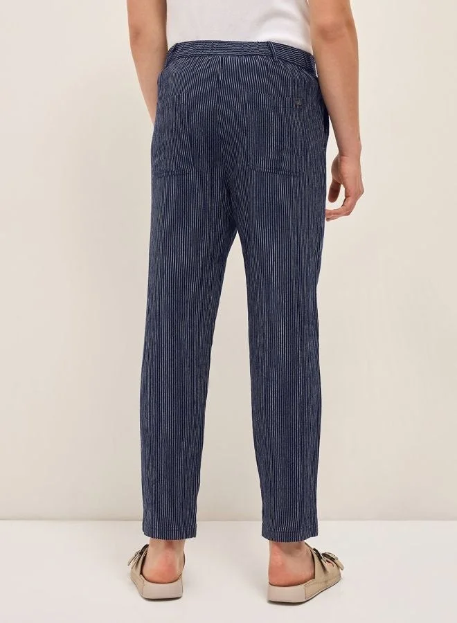 The Bear House  Men's Navy Striped Slim Fit Casual Trousers with Elasticated Waistband Versatile Office and Travel Pants Comfortable Fit for Everyday Use Easy to Style Bottomwear for Work Weekend and Outings for Men | Best Price UAE