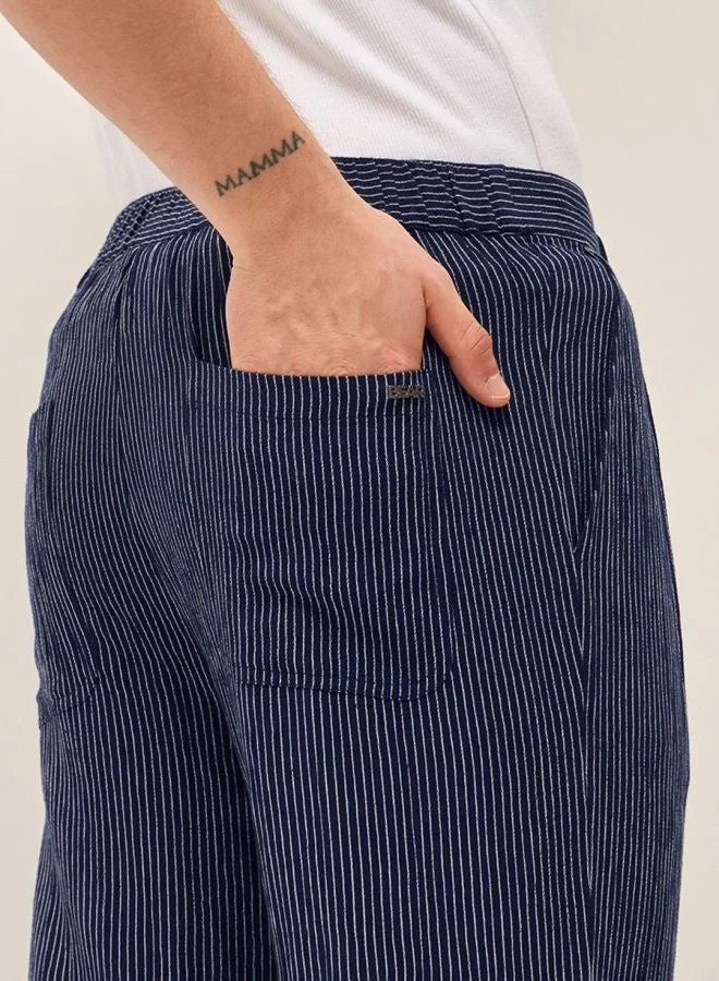 The Bear House  Men's Navy Striped Slim Fit Casual Trousers with Elasticated Waistband Versatile Office and Travel Pants Comfortable Fit for Everyday Use Easy to Style Bottomwear for Work Weekend and Outings for Men | Best Price UAE