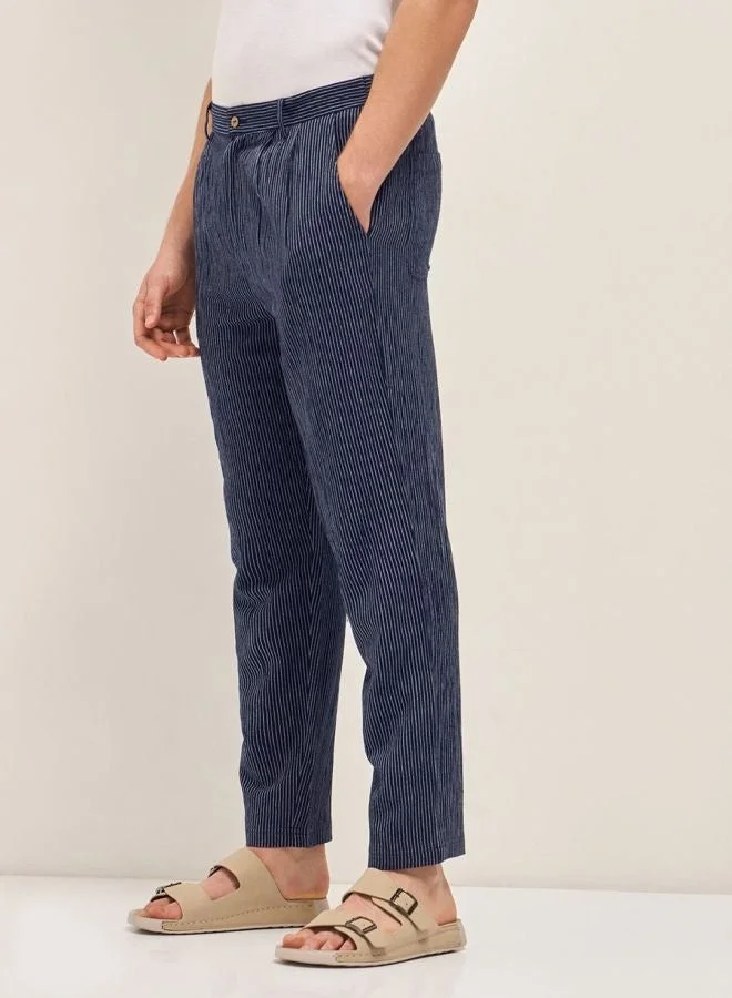 The Bear House  Men's Navy Striped Slim Fit Casual Trousers with Elasticated Waistband Versatile Office and Travel Pants Comfortable Fit for Everyday Use Easy to Style Bottomwear for Work Weekend and Outings for Men | Best Price UAE