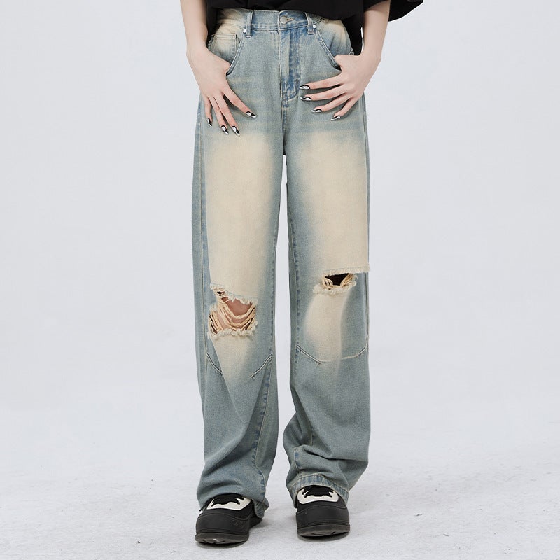 Trendy Brand Street Ripped Jeans Mens Straight American Vibe Retro Light Color Summer Loose Pants Yellow mud color 