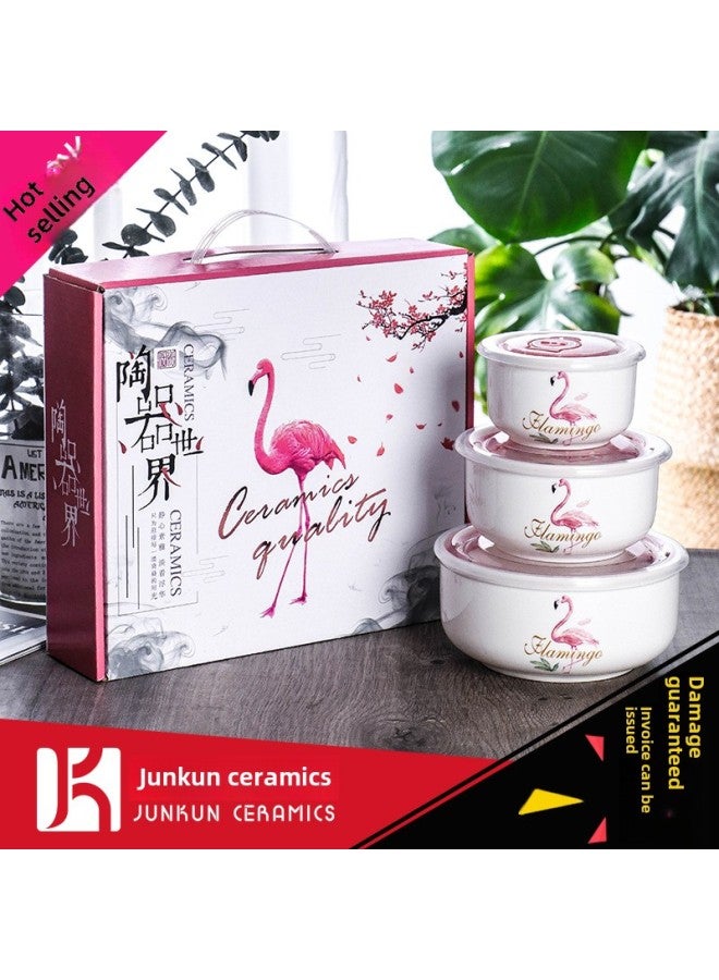 Year Of The Snake Gift Bowl Printed Cartoon Ceramic Fresh-keeping Bowl Three-piece Cartoon Sealed Bowl Wedding Gift Tableware Suit-Specifications:Flamingo-Color:2-Piece Gift Box (36 Or 20 Sets Per Box) - Image 1