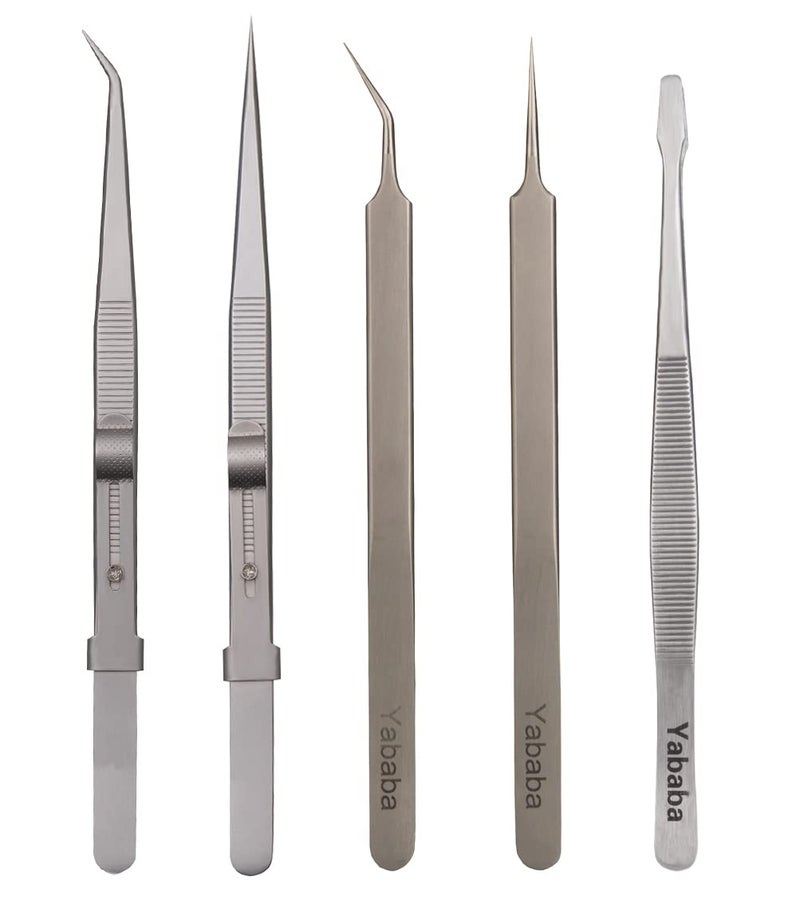 Tweezers 5 Pcs Precision Tweezers Set AntiStatic Stainless Steel Long Tweezers Kit for Electronics Laboratory Work JewelryMaking Craft Soldering Hobby Watches Car Machines Repair Etc
