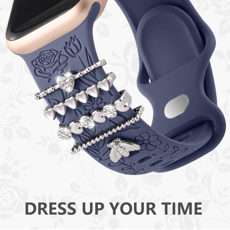 DaQin Flower Engraved Band Compatible with Apple Watch Bands for Women 40mm 38mm 41mm 42mm, Soft Silicone Band With Decorative Apple Watch Charms for iWatch Series 10 9 8 7 6 5 4 3 2 1 SE (With Band) - Image 3