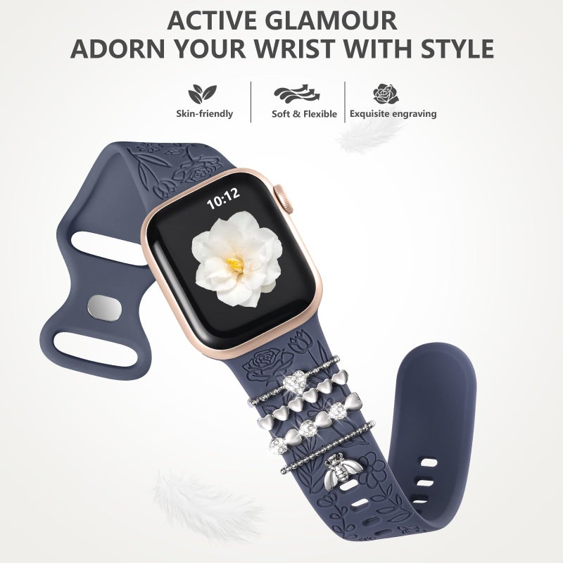 DaQin Flower Engraved Band Compatible with Apple Watch Bands for Women 40mm 38mm 41mm 42mm, Soft Silicone Band With Decorative Apple Watch Charms for iWatch Series 10 9 8 7 6 5 4 3 2 1 SE (With Band) - Image 5
