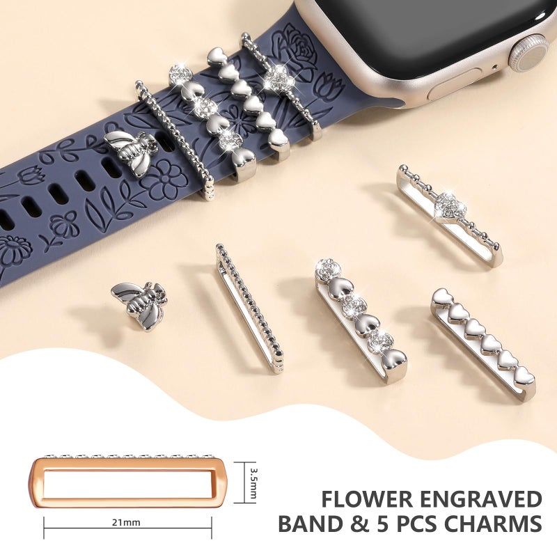 DaQin Flower Engraved Band Compatible with Apple Watch Bands for Women 40mm 38mm 41mm 42mm, Soft Silicone Band With Decorative Apple Watch Charms for iWatch Series 10 9 8 7 6 5 4 3 2 1 SE (With Band) - Image 4