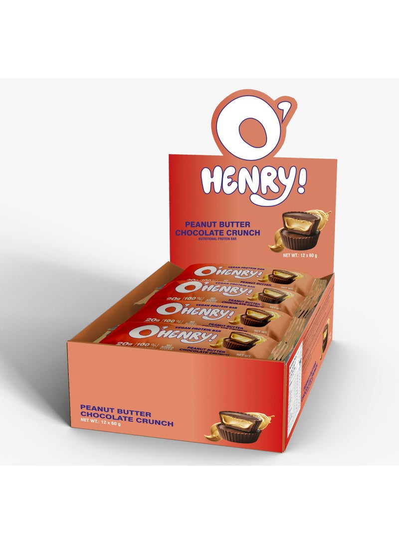 O'HENRY NUTRITION Vegan Protein Bar - Peanut Butter Crunch, No Added Sugar, 20g Protein, Pack of 12 (60g Each) - Image 1