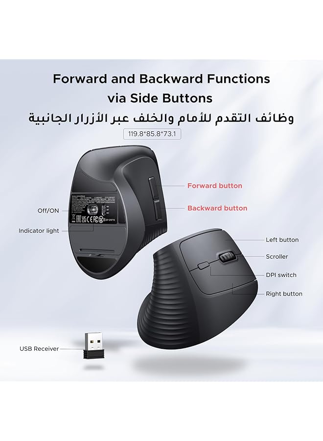 Ugreen Ergonomic Vertical Mouse 2.4Ghz Wireless Optical Mouse 3 Adjustable Dpi 800/1200/1600 Levels 6 Buttons For Laptops Laptops Tablets Etc Black Mouse - Image 5