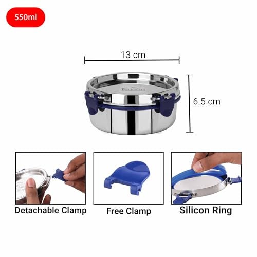 PDDFALCON Food Grade Certified Stainless Steel Eco Nxt Airtight Storage Container With Extra Clamp, Blue (550Ml) With 100% Leakproof With BIS Certified, Jindal Seal & Made In India - Image 3