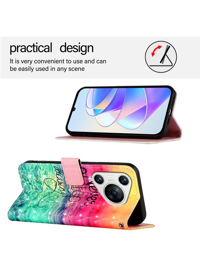 زبون جراب لهاتف Huawei Pura 70، جراب جلدي قابل للطي أفقيًا برسومات ثلاثية الأبعاد - Image 3