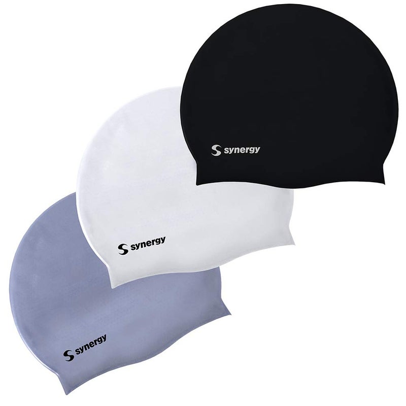Synergy Silicone Swim Caps 3-Pack (Black-Silver-White SL 3-Pack) - Image 2