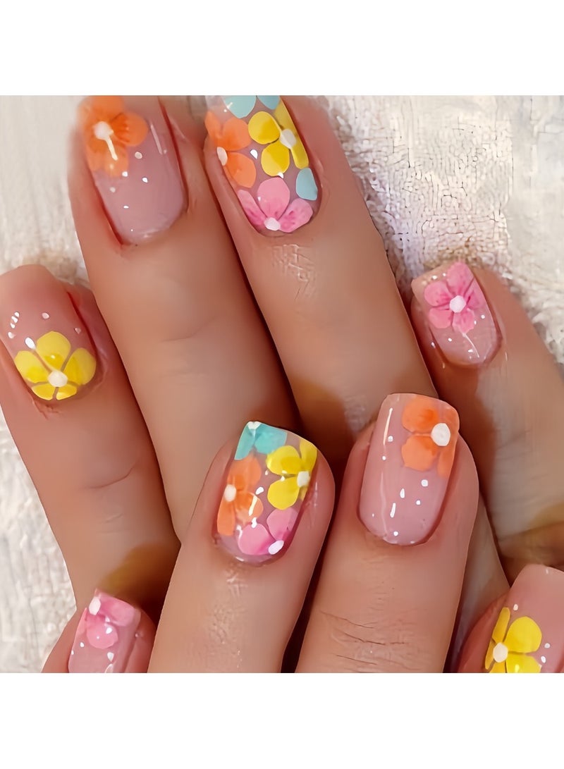 أظافر الدهن التي تضغط عليها، مجموعة من 24 أظافر جل، أظافر لاصقة قابلة لإعادة الاستخدام بزينة الأزهار المتنمعة بأحجام متعددة، نمط بيضاوي مربعة، نهايات جيدة كاملة، ملمس متلألئ، أظافر لاصقة وهمية للنساء، أظافر مبهجة - Image 1