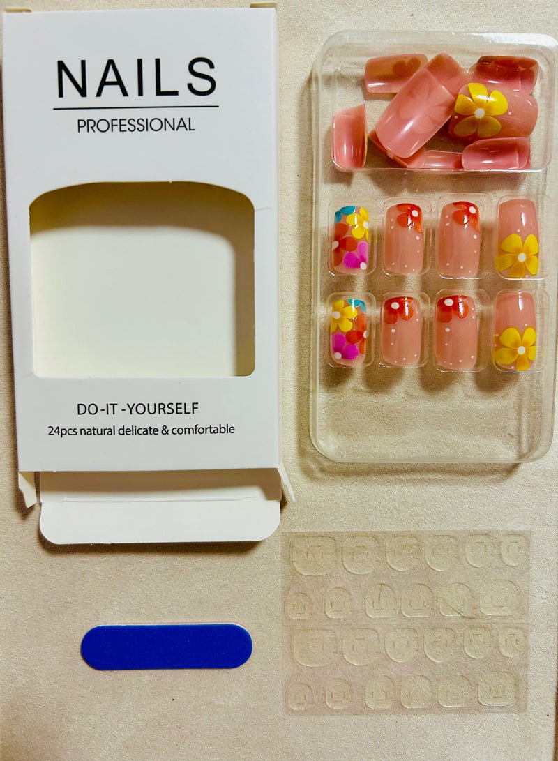 أظافر الدهن التي تضغط عليها، مجموعة من 24 أظافر جل، أظافر لاصقة قابلة لإعادة الاستخدام بزينة الأزهار المتنمعة بأحجام متعددة، نمط بيضاوي مربعة، نهايات جيدة كاملة، ملمس متلألئ، أظافر لاصقة وهمية للنساء، أظافر مبهجة - Image 4