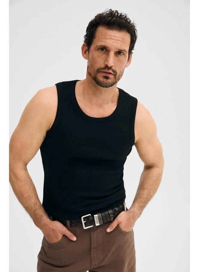 Grimelange TREVISO Men's Soft and Flexible Fabric Organic Cotton Slim Fit Black Tank Top.