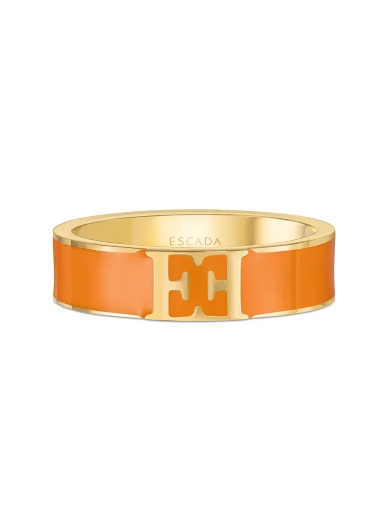 ESCADA Scarlett Gold Plated Ring with Logo Cutout and Orange Enamel Accent