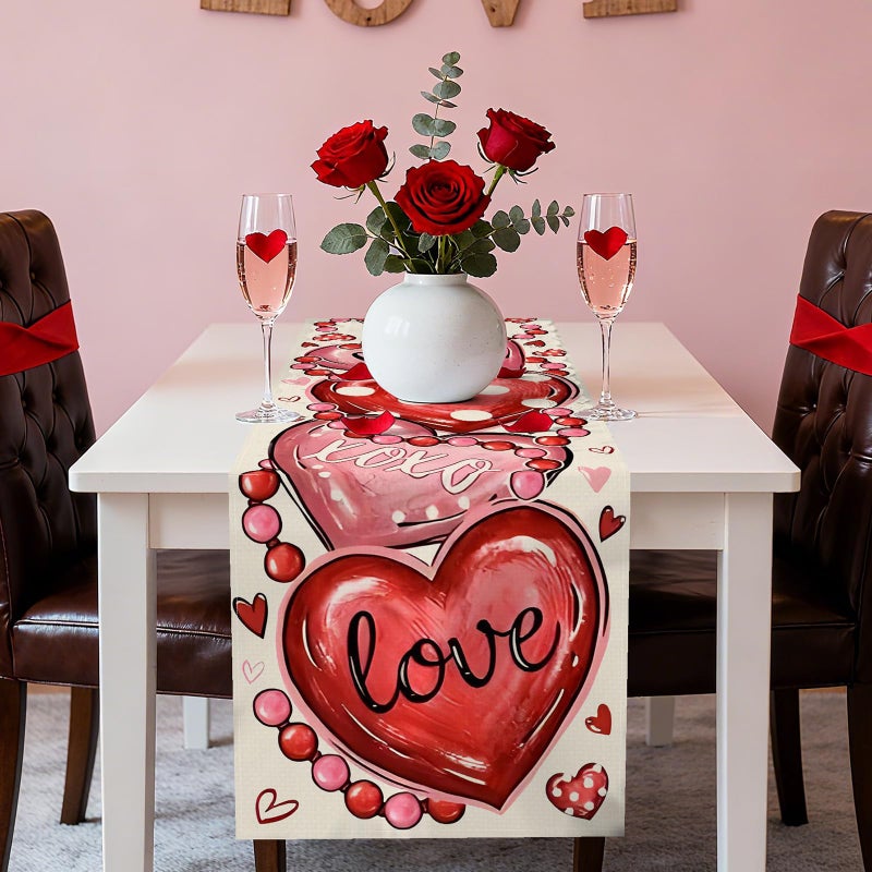 Kreyfer 72 x 13 Inch Valentines Day Table Runner â€“ Red and Pink Hearts with Love and XOXO Lettering, Polka Dot Heart Pattern for Dining Room, Kitchen, and Romantic Celebrations - Image 3