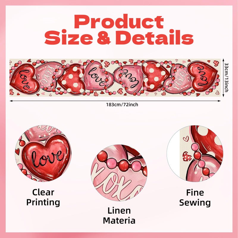 Kreyfer 72 x 13 Inch Valentines Day Table Runner â€“ Red and Pink Hearts with Love and XOXO Lettering, Polka Dot Heart Pattern for Dining Room, Kitchen, and Romantic Celebrations - Image 2