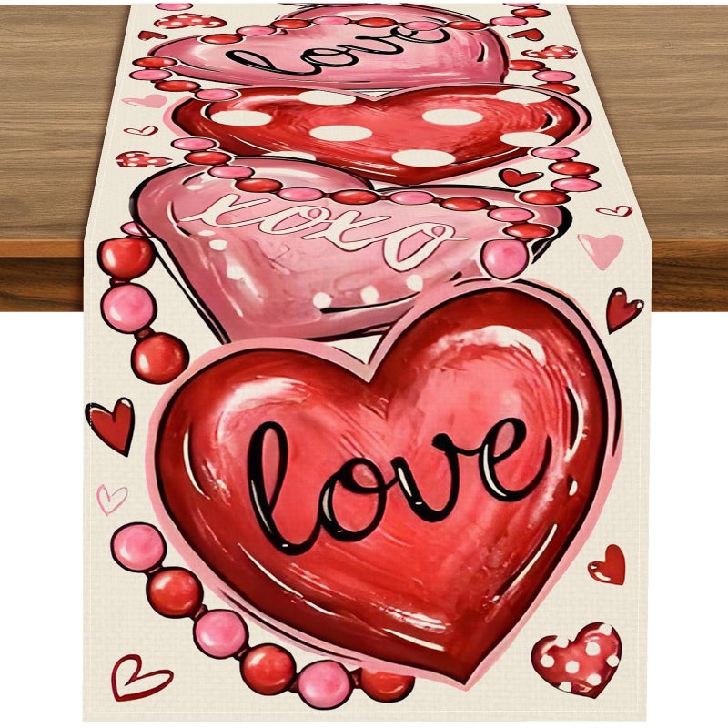 Kreyfer 72 x 13 Inch Valentines Day Table Runner â€“ Red and Pink Hearts with Love and XOXO Lettering, Polka Dot Heart Pattern for Dining Room, Kitchen, and Romantic Celebrations - Image 1