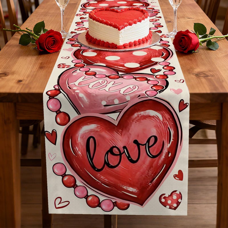 Kreyfer 72 x 13 Inch Valentines Day Table Runner â€“ Red and Pink Hearts with Love and XOXO Lettering, Polka Dot Heart Pattern for Dining Room, Kitchen, and Romantic Celebrations - Image 5