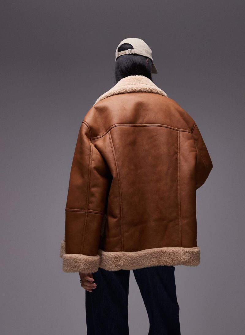 TOPSHOP - Faux Fur Lined Aviator Jacket - Image 1