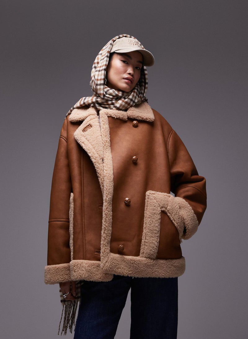 TOPSHOP - Faux Fur Lined Aviator Jacket - Image 1