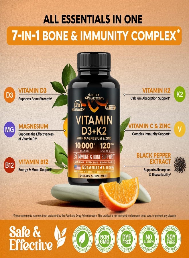 NUTRAHARMONY Vitamin D3 K2 - Vitamin D3 10000 iu & K2 as MK-7 120 mcg - Immune & Mood Support, for Bone & Teeth Health - with Magnesium, Zinc & Vitamin C & B12 - Highly Bioavailable - Made in USA, 120 Capsules - Image 4