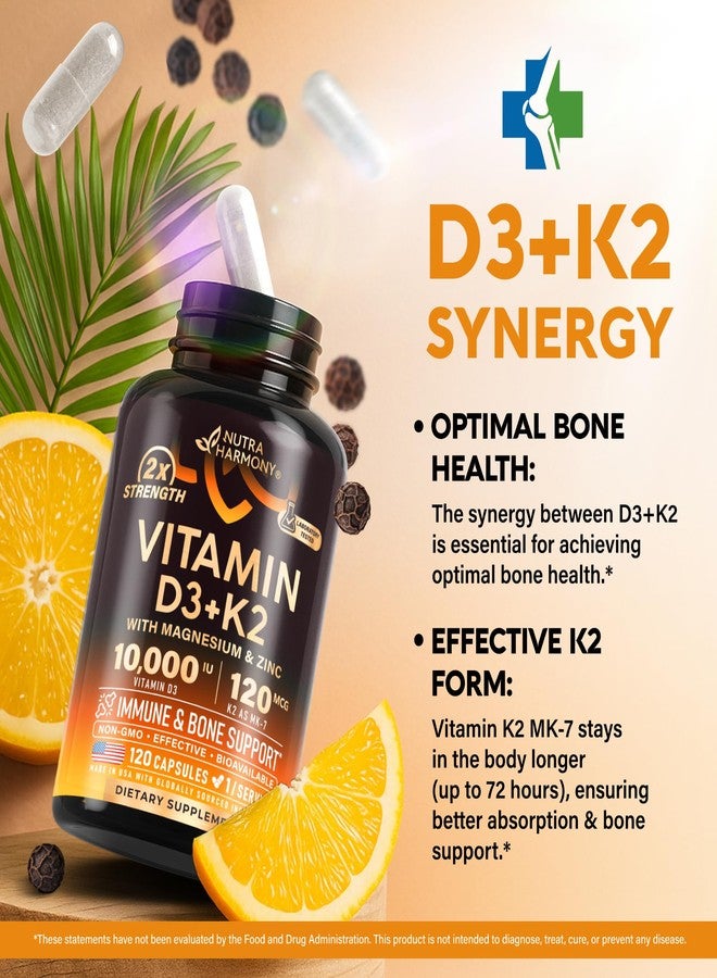 NUTRAHARMONY Vitamin D3 K2 - Vitamin D3 10000 iu & K2 as MK-7 120 mcg - Immune & Mood Support, for Bone & Teeth Health - with Magnesium, Zinc & Vitamin C & B12 - Highly Bioavailable - Made in USA, 120 Capsules - Image 3