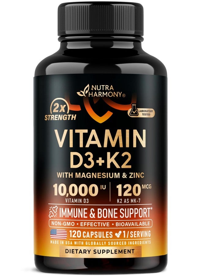 NUTRAHARMONY Vitamin D3 K2 - Vitamin D3 10000 iu & K2 as MK-7 120 mcg - Immune & Mood Support, for Bone & Teeth Health - with Magnesium, Zinc & Vitamin C & B12 - Highly Bioavailable - Made in USA, 120 Capsules - Image 1