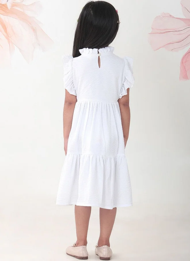 بونكيدز BONKIDS White Satin Fit & Flare Midi Dress with Flutter Sleeves