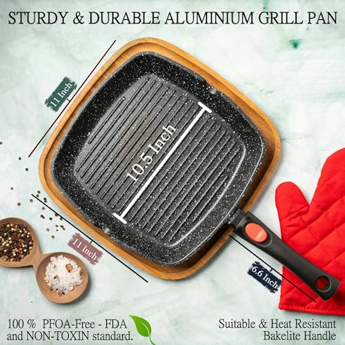 Moss & Stone Square Grill Pan for Indoor Cooking, 11-Inch Nonstick Griddle Skillet with Removable Handle, RV Die-Cast Aluminum Stove Top Grill Pan for Meats & Vegetables, Detachable Handle - Image 2
