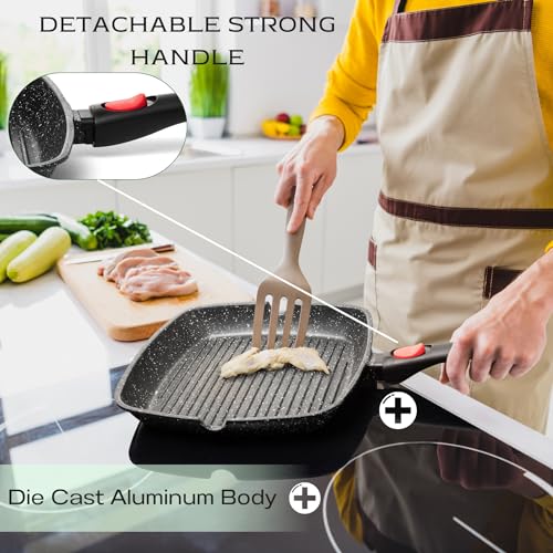 Moss & Stone Square Grill Pan for Indoor Cooking, 11-Inch Nonstick Griddle Skillet with Removable Handle, RV Die-Cast Aluminum Stove Top Grill Pan for Meats & Vegetables, Detachable Handle - Image 5