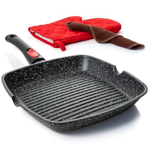 Moss & Stone Square Grill Pan for Indoor Cooking, 11-Inch Nonstick Griddle Skillet with Removable Handle, RV Die-Cast Aluminum Stove Top Grill Pan for Meats & Vegetables, Detachable Handle - Image 1