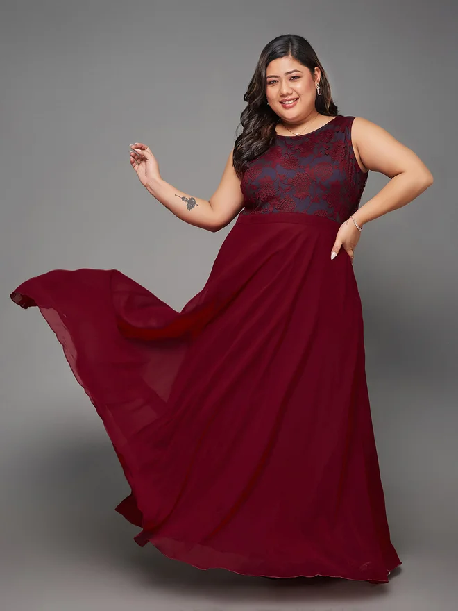 Miss Chase Plus Size Maroon Sleeveless Maxi Dress