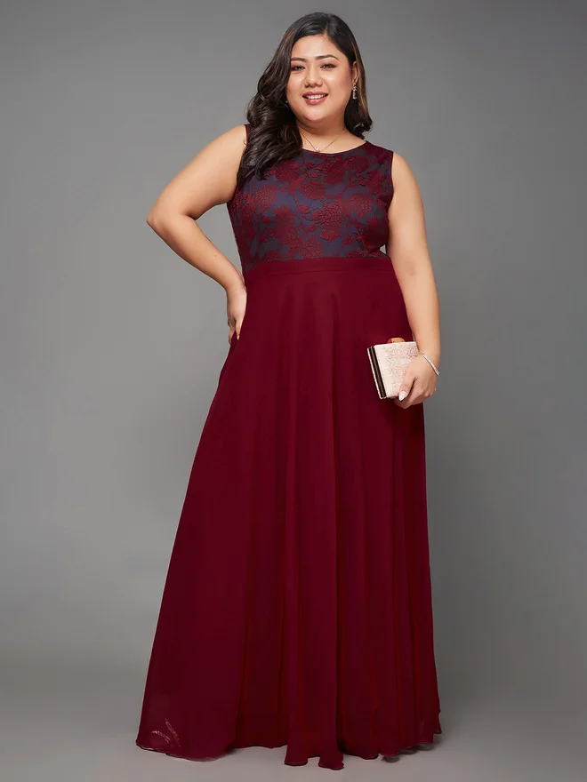 Miss Chase Plus Size Maroon Sleeveless Maxi Dress