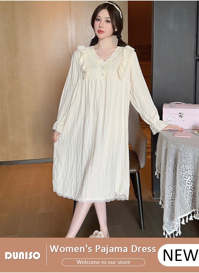 DUNISO Women's Long Sleeve Nightgown, Soft Comfortable Cotton Sleepwear Dress for Pregnant Woman, V Neck Home Wear with Lace Edge, Lounge Dress for Can Be Worn Outside  - Image 1