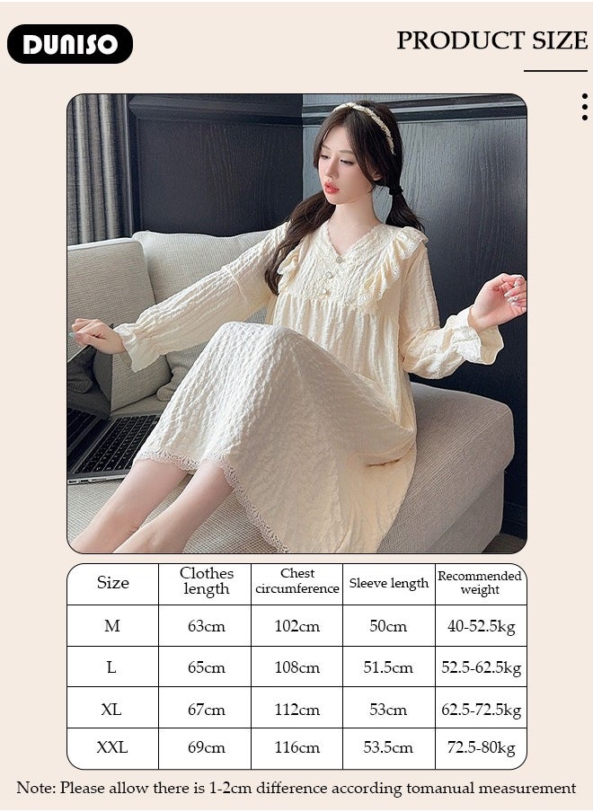 DUNISO Women's Long Sleeve Nightgown, Soft Comfortable Cotton Sleepwear Dress for Pregnant Woman, V Neck Home Wear with Lace Edge, Lounge Dress for Can Be Worn Outside  - Image 4