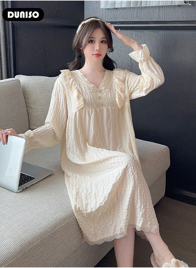 DUNISO Women's Long Sleeve Nightgown, Soft Comfortable Cotton Sleepwear Dress for Pregnant Woman, V Neck Home Wear with Lace Edge, Lounge Dress for Can Be Worn Outside  - Image 5